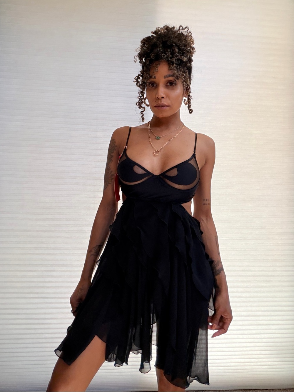 God Save Queens Black Sheer Cutout Mini Dress